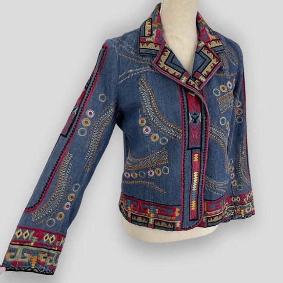 Coldwater Creek Embroidered Bohemian Hippie Denim Jacket Long Sleeve Womens PS - Picture 5 of 16
